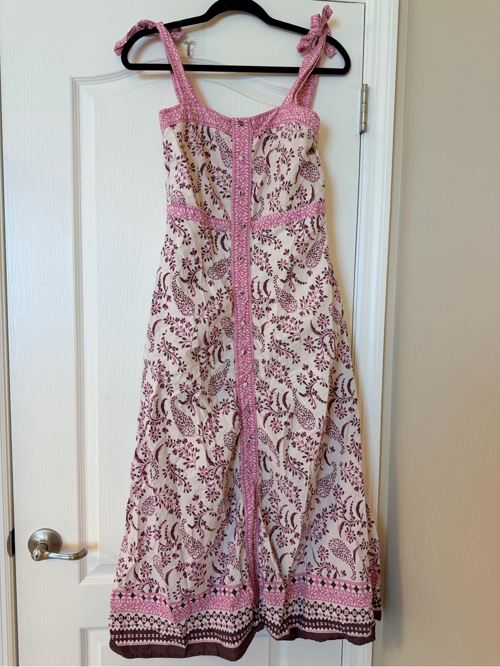 Léa Cream Maxi Dress with Pink Floral Print and Tie Straps -C-